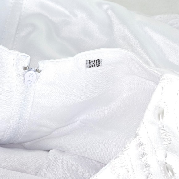 White Tulle Formal Christening Gown 7/8 Floral 3D Applique Satin Bow Flower Girl - Picture 12 of 16